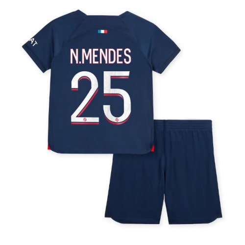 Fotballdrakt Barn Paris Saint-Germain Nuno Mendes #25 Hjemmedraktsett 2023-24 Kortermet (+ Korte bukser)